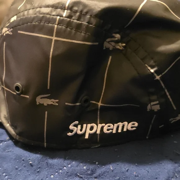 NWT Supreme x Lacoste Black and Gray Grid Print Nylon Cap